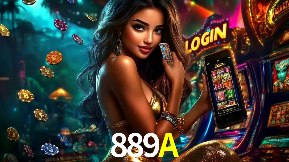 Mulher em um cenário de cassino temático de aventura, mostrando o app de caça-níqueis da 889A no celular. Fichas de apostas flutuam ao redor.