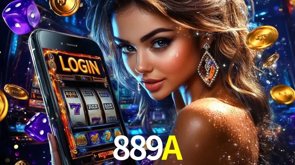 Mulher glamorosa segurando um smartphone com a tela de login para os jogos de caça-níqueis do cassino online 889A, com moedas de ouro e dados ao redor.