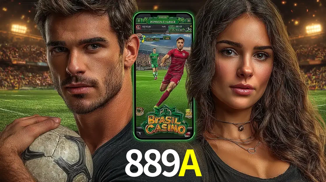 Homem segurando uma bola de futebol e uma mulher ao lado de um smartphone exibindo o jogo de apostas esportivas da 889A. Faça seu palpite no cassino online.
